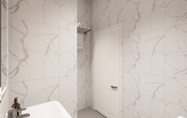 3D Render Modern minimalist beyaz banyo içi duş, tuvalet, lavabo ve ayna ile.