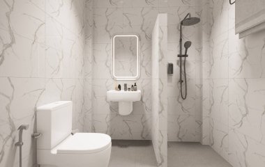 3D Render Modern minimalist beyaz banyo içi duş, tuvalet, lavabo ve ayna ile.