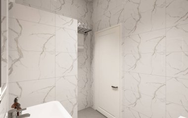 3D Render Modern minimalist beyaz banyo içi duş, tuvalet, lavabo ve ayna ile.