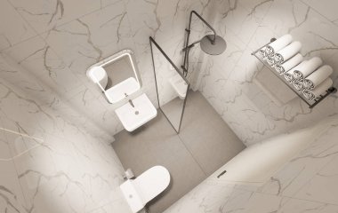 3D Render Modern minimalist beyaz banyo içi duş, tuvalet, lavabo ve ayna ile.