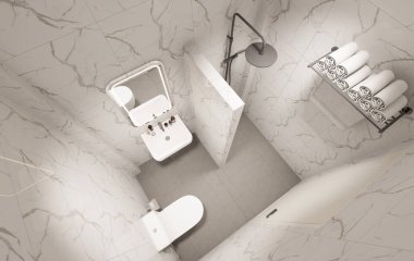 3D Render Modern minimalist beyaz banyo içi duş, tuvalet, lavabo ve ayna ile.