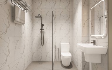 3D Render Modern minimalist beyaz banyo içi duş, tuvalet, lavabo ve ayna ile.