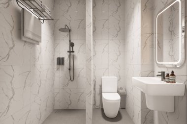 3D Render Modern minimalist beyaz banyo içi duş, tuvalet, lavabo ve ayna ile.