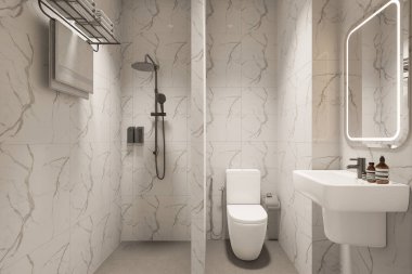 3D Render Modern minimalist beyaz banyo içi duş, tuvalet, lavabo ve ayna ile.