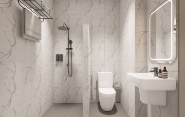 3D Render Modern minimalist beyaz banyo içi duş, tuvalet, lavabo ve ayna ile.