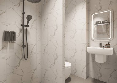 3D Render Modern minimalist beyaz banyo içi duş, tuvalet, lavabo ve ayna ile.