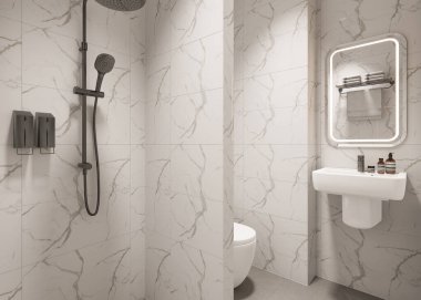 3D Render Modern minimalist beyaz banyo içi duş, tuvalet, lavabo ve ayna ile.