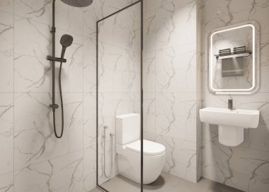 3D Render Modern minimalist beyaz banyo içi duş, tuvalet, lavabo ve ayna ile.