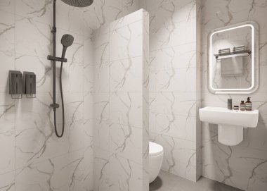 3D Render Modern minimalist beyaz banyo içi duş, tuvalet, lavabo ve ayna ile.