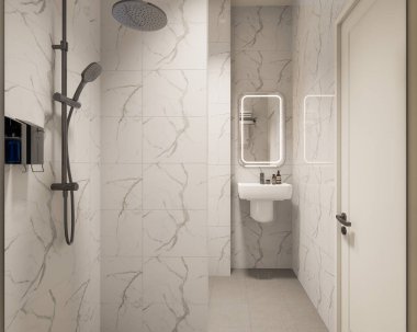 3D Render Modern minimalist beyaz banyo içi duş, tuvalet, lavabo ve ayna ile.
