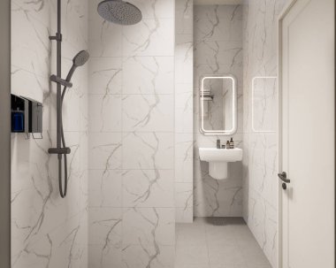 3D Render Modern minimalist beyaz banyo içi duş, tuvalet, lavabo ve ayna ile.