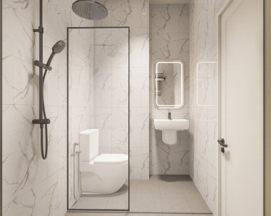 3D Render Modern minimalist beyaz banyo içi duş, tuvalet, lavabo ve ayna ile.