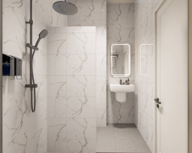 3D Render Modern minimalist beyaz banyo içi duş, tuvalet, lavabo ve ayna ile.