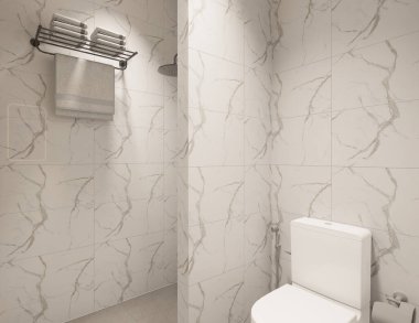 3D Render Modern minimalist beyaz banyo içi duş, tuvalet, lavabo ve ayna ile.