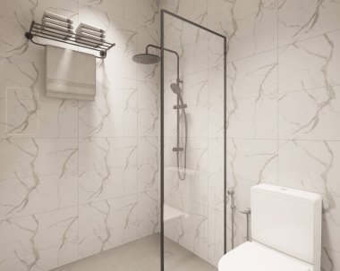 3D Render Modern minimalist beyaz banyo içi duş, tuvalet, lavabo ve ayna ile.