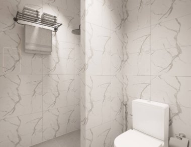 3D Render Modern minimalist beyaz banyo içi duş, tuvalet, lavabo ve ayna ile.