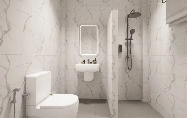 3D Render Modern minimalist beyaz banyo içi duş, tuvalet, lavabo ve ayna ile.
