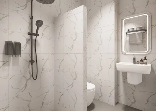 3D Render Modern minimalist beyaz banyo içi duş, tuvalet, lavabo ve ayna ile.