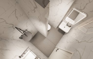 3D Render Modern minimalist beyaz banyo içi duş, tuvalet, lavabo ve ayna ile.