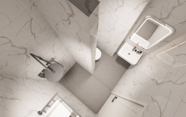 3D Render Modern minimalist beyaz banyo içi duş, tuvalet, lavabo ve ayna ile.