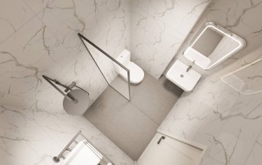3D Render Modern minimalist beyaz banyo içi duş, tuvalet, lavabo ve ayna ile.