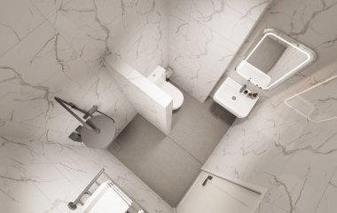 3D Render Modern minimalist beyaz banyo içi duş, tuvalet, lavabo ve ayna ile.