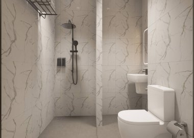 3D Render Modern minimalist beyaz banyo içi duş, tuvalet, lavabo ve ayna ile.