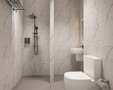 3D Render Modern minimalist beyaz banyo içi duş, tuvalet, lavabo ve ayna ile.