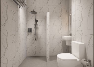 3D Render Modern minimalist beyaz banyo içi duş, tuvalet, lavabo ve ayna ile.