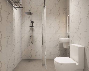 3D Render Modern minimalist beyaz banyo içi duş, tuvalet, lavabo ve ayna ile.