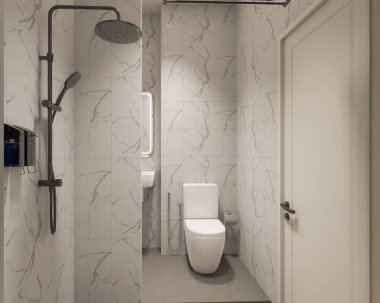 3D Render Modern minimalist beyaz banyo içi duş, tuvalet, lavabo ve ayna ile.