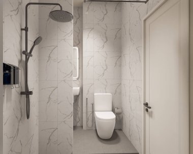 3D Render Modern minimalist beyaz banyo içi duş, tuvalet, lavabo ve ayna ile.