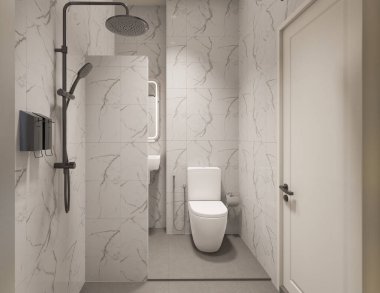 3D Render Modern minimalist beyaz banyo içi duş, tuvalet, lavabo ve ayna ile.