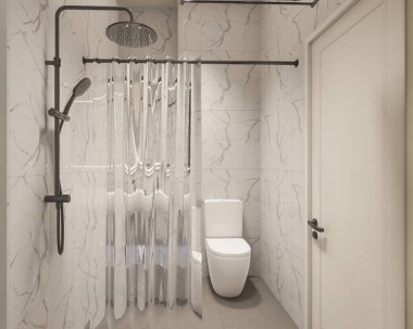 3D Render Modern minimalist beyaz banyo içi duş, tuvalet, lavabo ve ayna ile.