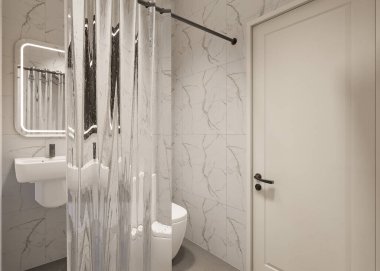 3D Render Modern minimalist beyaz banyo içi duş, tuvalet, lavabo ve ayna ile.