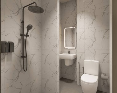 3D Render Modern minimalist beyaz banyo içi duş, tuvalet, lavabo ve ayna ile.