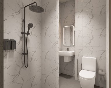 3D Render Modern minimalist beyaz banyo içi duş, tuvalet, lavabo ve ayna ile.