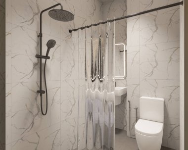 3D Render Modern minimalist beyaz banyo içi duş, tuvalet, lavabo ve ayna ile.