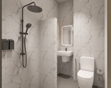 3D Render Modern minimalist beyaz banyo içi duş, tuvalet, lavabo ve ayna ile.