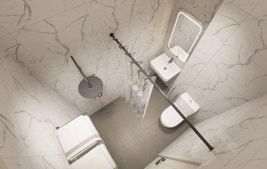 3D Render Modern minimalist beyaz banyo içi duş, tuvalet, lavabo ve ayna ile.
