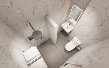 3D Render Modern minimalist beyaz banyo içi duş, tuvalet, lavabo ve ayna ile.