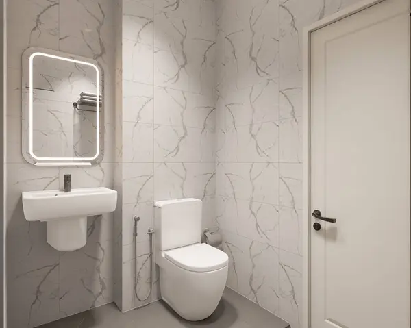 3D Render Modern minimalist beyaz banyo içi duş, tuvalet, lavabo ve ayna ile.