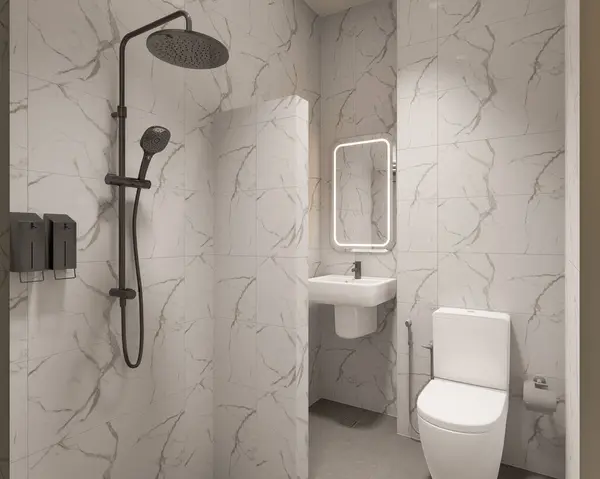 3D Render Modern minimalist beyaz banyo içi duş, tuvalet, lavabo ve ayna ile.