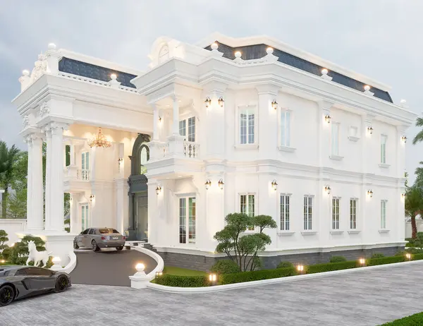 Neoklasik villanın 3D görüntülemesi, peyzaj zeminli dış tasarım.