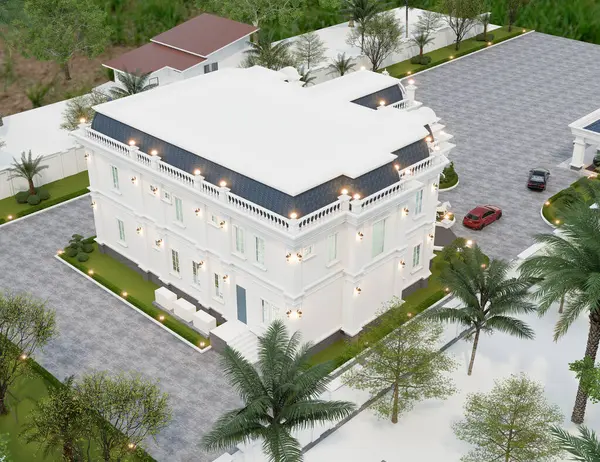 Neoklasik villanın 3D görüntülemesi, peyzaj zeminli dış tasarım.