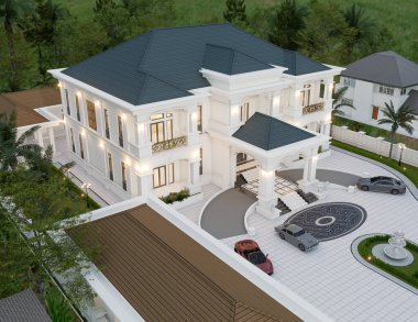 Neoklasik villanın 3D görüntülemesi, peyzaj zeminli dış tasarım