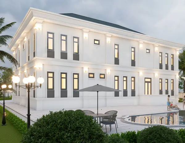 Neoklasik villanın 3D görüntülemesi, peyzaj zeminli dış tasarım