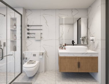 Mermer Duvar ve Ahşap Süslü Modern Banyo