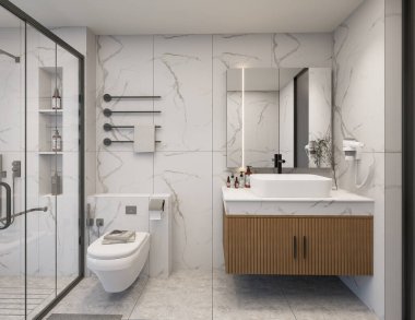 Mermer Duvar ve Ahşap Süslü Modern Banyo