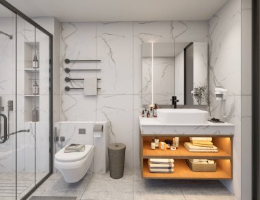Mermer Duvar ve Ahşap Süslü Modern Banyo